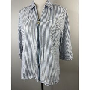 Anne Klein Blue White Seersucker Gold Metallic Zip Front Top 3/4 Sleeve Large